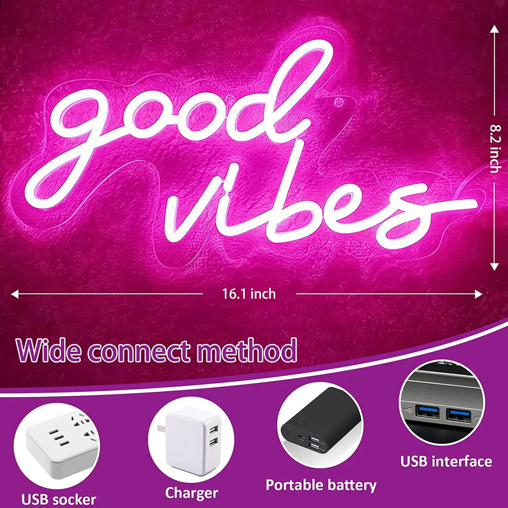 Good Vibes Neon Led Sign Pink Wall Hanging Decor Xmas Gift Birthday Party Wedding Decor Adjustable Neon Lights Decoration Home Donicars