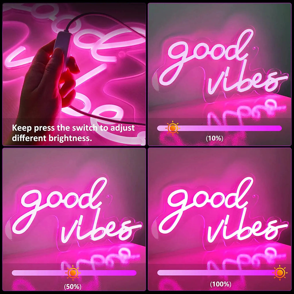 Good Vibes Neon Led Sign Pink Wall Hanging Decor Xmas Gift Birthday Party Wedding Decor Adjustable Neon Lights Decoration Home Donicars